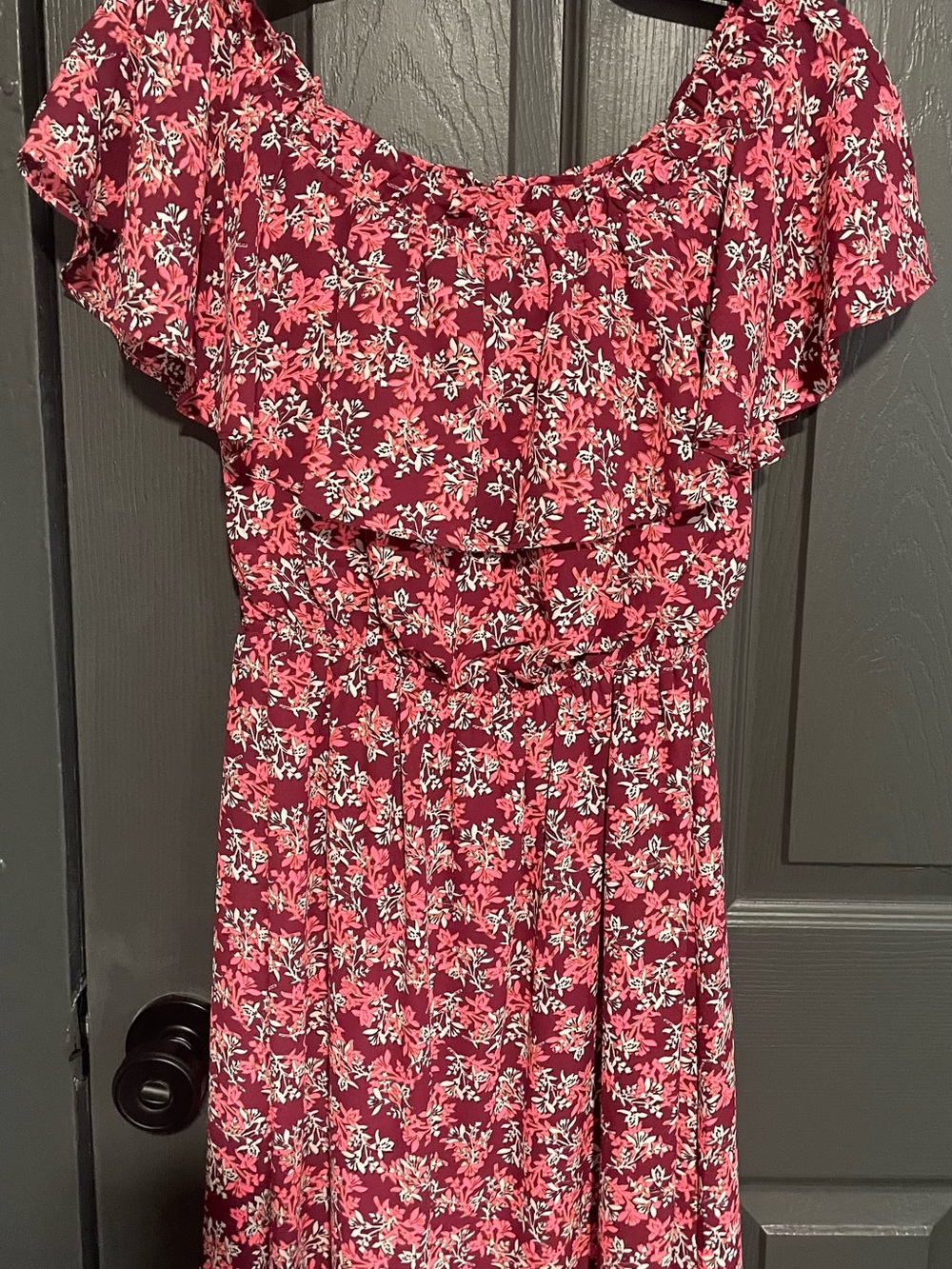 Express Burgundy and hot pink Floral Off-Shoulder Mini Dress
